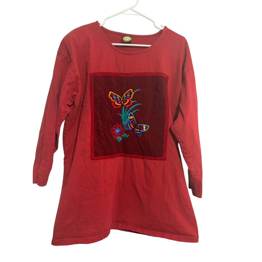Designs Limited Tunic Top Boho‎ Butterfly Embroidered Red Art to Wear OSFM
